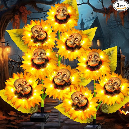 Halloween Decorations Outdoor, 3 Pack Solar Scary Skull Sunflowers Lights,Waterproof Solar Flowers Lights Garden Decor for Halloween Yard Patio Lawn Party Decor