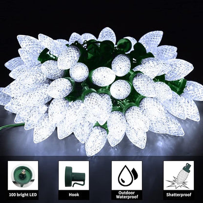 ZAIYW C9 Christmas String Lights 66ft 100 LED Strawberry Lights UL Plug C9 String Lights Green Wire Waterproof for Outdoor Roof Eaves Garden Yard Xmas Decor (Cool White)