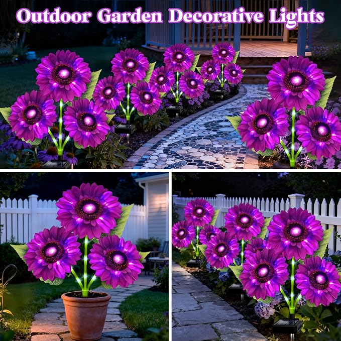 ANGMLN Solar Lights Outdoor Garden Decor, 5 Pack with 15 Purple Sunflower Lights, Solar Flowers Waterproof | Lumora