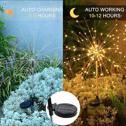 Solar Garden Firework Lights Outdoor Waterproof, 2 Pack Solar Lighting with 8 Lighting Modes, 120 LED Sparklers String Lights for Outside Decor Yard Pathway Decorations(Warm)