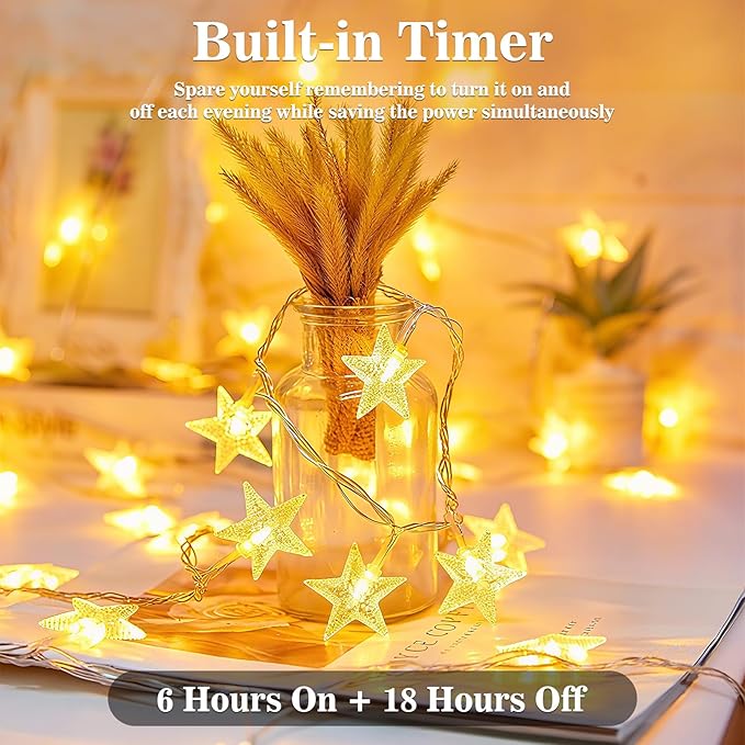 Star String Lights, 33ft 100 LED 8 Modes Star Fairy Lights Battery Operated Waterproof Indoor Outdoor for Bedroom Patio Party Wedding Tent Loft Bed Xmas Tree Decor, Warm White