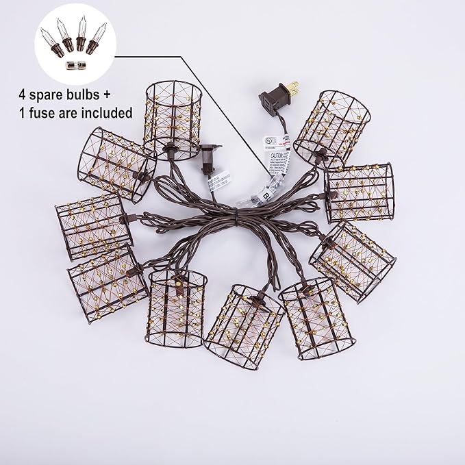 Outdoor Patio String Lights Plug in with 10 Incandescent Bulbs, Handwoven Beaded Copper Wire Style Decorative Lantern String Lights Connectable Weatherproof for Pergola, Porch, Mantel, Indoor Decor