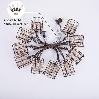 Outdoor Patio String Lights Plug in with 10 Incandescent Bulbs, Handwoven Beaded Copper Wire Style Decorative Lantern String Lights Connectable Weatherproof for Pergola, Porch, Mantel, Indoor Decor