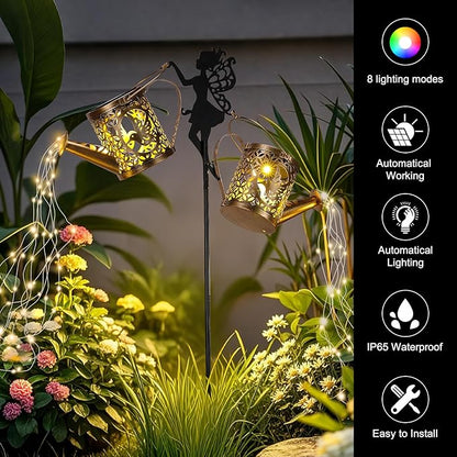 ZKLiLi Christmas Solar Watering Can Lights Outdoor, IP65 Waterproof Metal Garden Decor with one Pole Two Light - Hanging Patio Lawn Pathway Decoration Gift for Backyard,Lawn,Patio