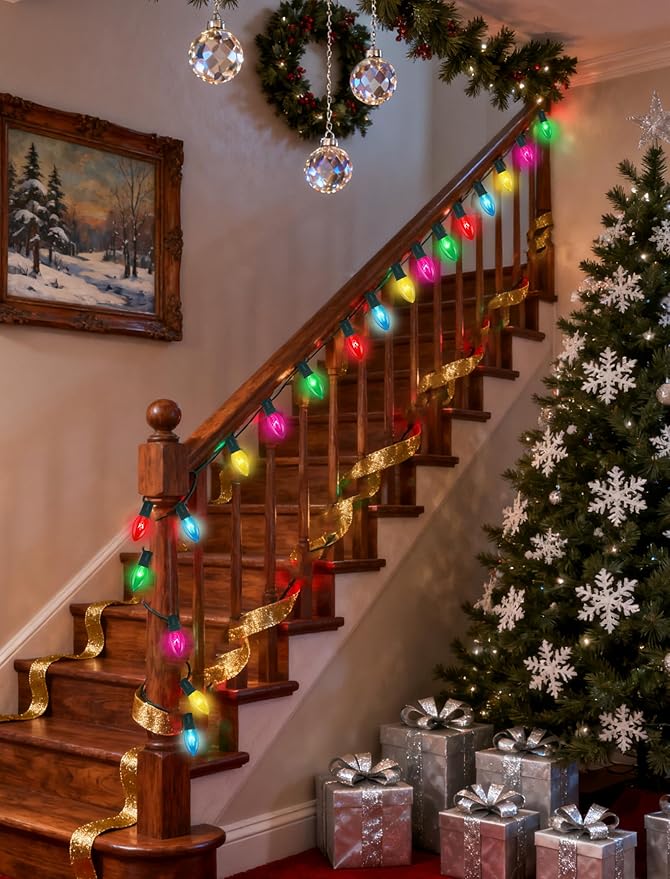 C9 Multicolor Christmas Lights, 25Ft Transparent Multicolor String Lights with 26 Clear Glass Bulbs (1 Spare), Hanging Vintage Christmas Lights String for Indoor Outdoor Christmas Tree Garden Party