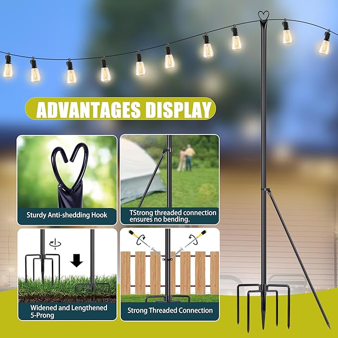 Ottsuls String Light Poles with 5 Fork, 2 Pack 10Ft Light Poles for Outside, Light Stands for Outdoor Use, Ideal | Lumora
