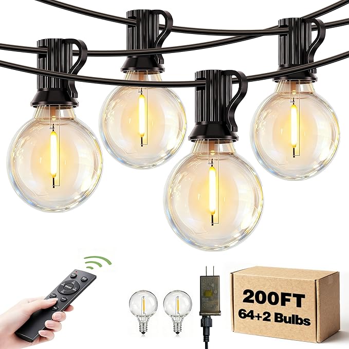 Outdoor Patio String Lights Waterproof with Remote, 200FT 64+2 G40 Edison LED Shatterproof Bulbs Hanging Outside | Lumora