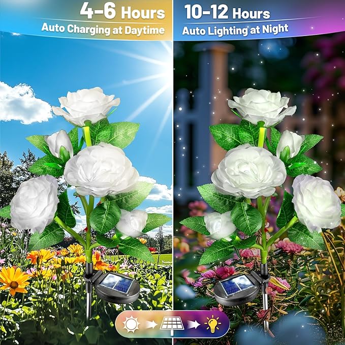 Solar Garden Lights Outdoor: 10 Waterpoof Artificial Rose Flower 2 Pack - White LED Landscape Lighting Fairy Decorations for Outside Yard Patio Lawn Jardin - Christmas Gifts for Mom Grandma
