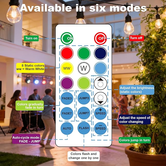 Solar Outdoor String Lights Waterproof - 48FT Color Changing Led Outside Patio Light with 20 Bulbs, Remote Control RGBW Outside Lights for House Yard Party Balcony Bistro Backyard Decor