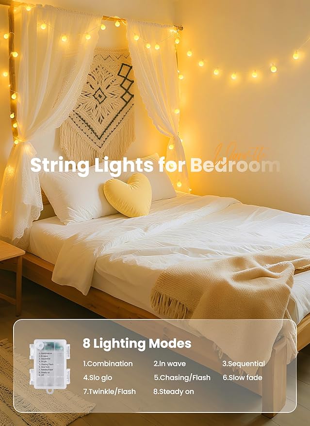 Brightown Battery Operated String Lights for Bedroom, 2 Packs Total 39Ft 120 LED Globe Fairy Lights for Balcony Classroom Wedding Girls Room RV Christmas Garden Party Camping Indoor Outdoor Decor