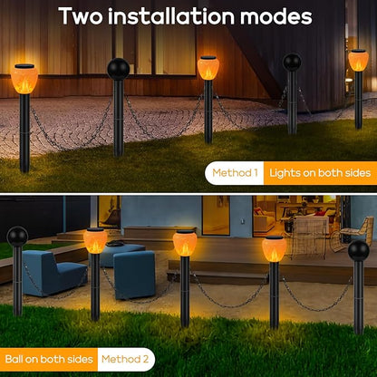 GOESWELL Solar Post Lights Decorative Fence: 27 inch Tall Large Landscape Path Lights with Chains for Pool Driveway Patio Garden - Set of 3 Flickering Flame Lights and 2 Post