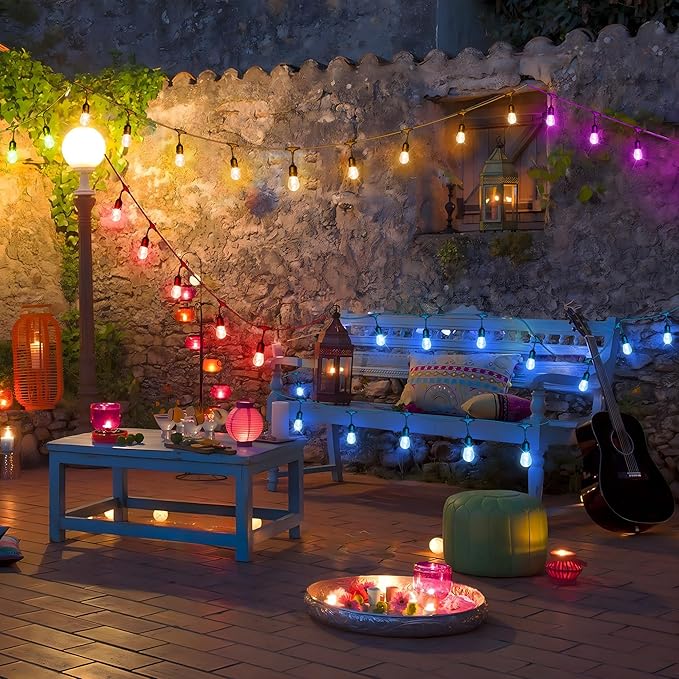 50FT RGB Solar Outdoor String Lights with Remote, Dimmable Waterproof Patio Lights with 15 LED Shatterproof Edison Bulbs for Backyard-Black