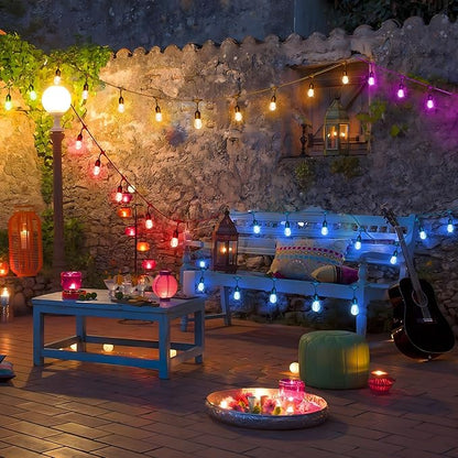 50FT RGB Solar Outdoor String Lights with Remote, Dimmable Waterproof Patio Lights with 15 LED Shatterproof Edison Bulbs for Backyard-Black