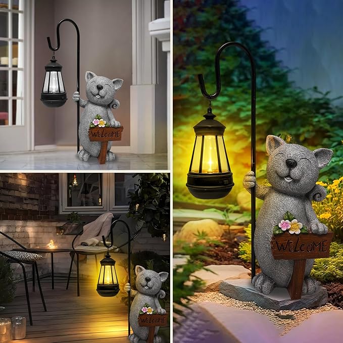 Solar Cat Outdoor Garden Lights Solar Powered Lantern Resin Statue for Outside Balcony Garden Decor Gift for Grandma Women 18 * 5.58 * 9 inch (Gray Lantern Cat)