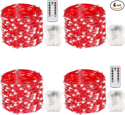 4-Pack 33FT 100 LED Fairy Lights Battery Operated with Remote & Timer, Fairy Christmas String Lights for Bedroom Decor, Waterproof 8 Modes Twinkle Lights for Room (Red)
