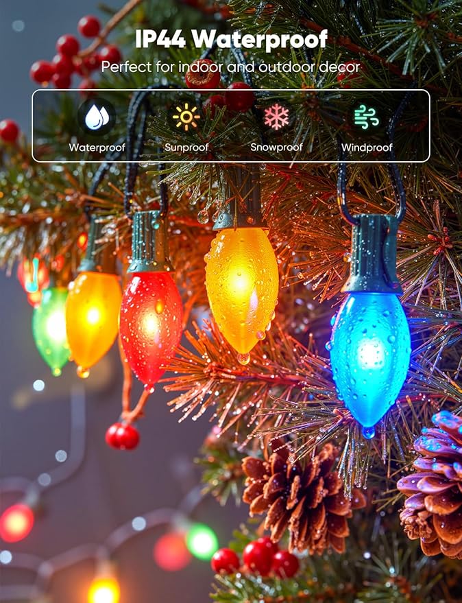 Vintage C9 LED Christmas Lights Outdoor, 100 Feet C9 String Light with 100 Shatterproof Bulbs, Waterproof Connectable Commercial Christmas Tree Lights for Outside Roofline Patio Decor, Multicolor