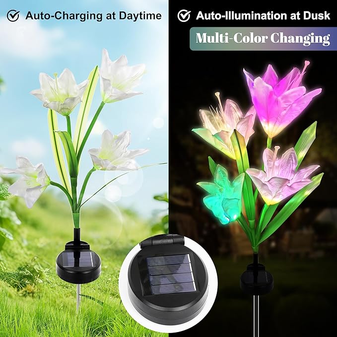 Solar Powered Lily Flower Lights Outdoor, Waterproof Color Changing Garden Lights with Large Solar Panel, 2 Pack for Patio, Yard, Pathway Decoration