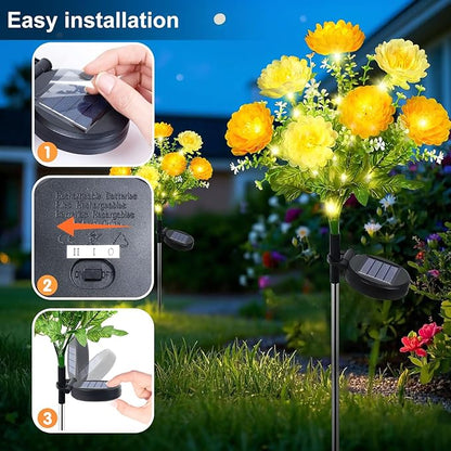 2 Pack Solar Flower Lights Outdoor - 14 Blooming Waterproof Snow Lotus Garden Lights for Festive Patio, Yard, Pathway, and Landscape Decoration - Auto On/Off, IP65