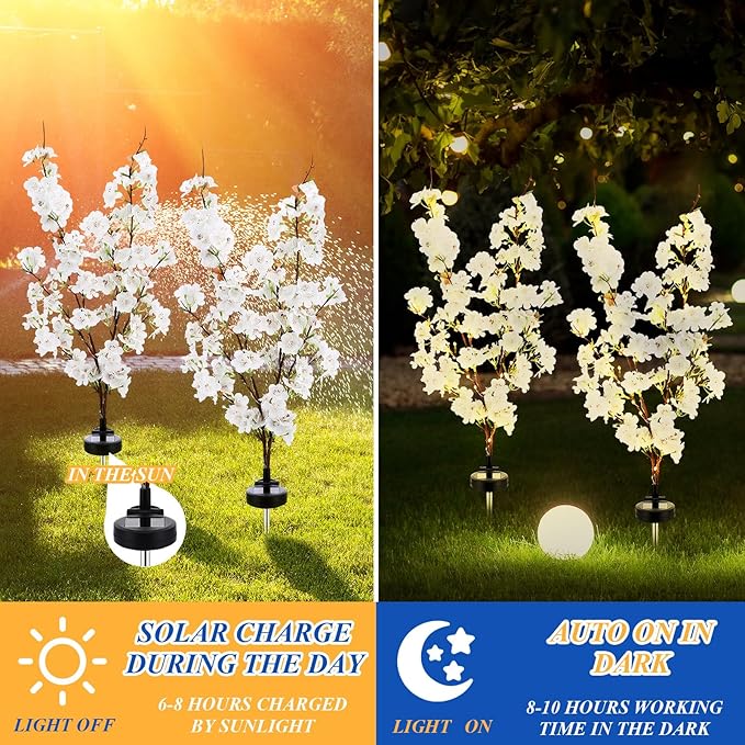 VIHOSE 2 Pack Spring Flowers Solar Stake Lights Outdoor Decor Waterproof Artificial Cherry Solar Lights for Outdoor Garden Yard Pathway Home Wedding Decor