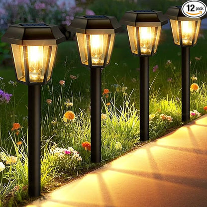 Solar Lights Outdoor 12 Pack Pathway Lights Waterproof with 3000K Vintage Tungsten Filament Light Bulbs for Yard Garden Walkway Driveway Landscape Path