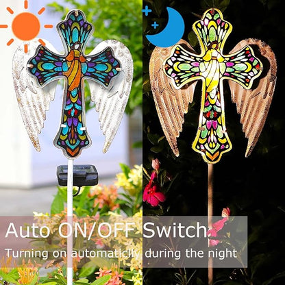 Unique, TEDOF Solar Glass Cross Stake Lights with Angel Wings, Outdoor Memorial Garden Decor for Grave, Festive Yard Lawn Patio Christmas Decoration for Mom, Warm Holiday Lighting