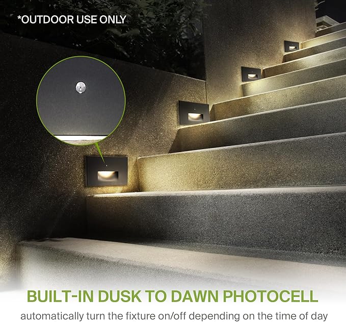 ASD LED Recessed Step Light Fixture, Dusk to Dawn Outdoor Stair Tread Lighting | 3CCT, Photocell, Waterproof, ETL | Lumora