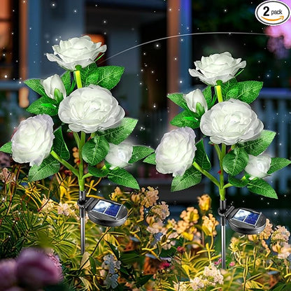 Solar Garden Lights Outdoor: 10 Waterpoof Artificial Rose Flower 2 Pack - White LED Landscape Lighting Fairy Decorations for Outside Yard Patio Lawn Jardin - Christmas Gifts for Mom Grandma