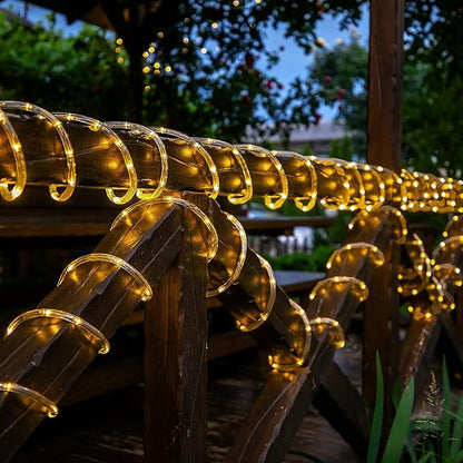 Solar Rope Lights, 33ft 100LED Solar String Lights, 8 Modes Waterproof Solar Powered Outdoor Light, Flexible Clear Tube Light for Garden, Backyard, Patio, Deck, Porch, Pool,Tree Decoration- Warm White