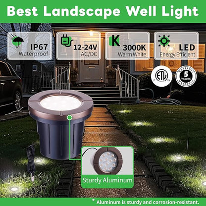 LED Well Light Kit, 6 Pack In Ground Landscape Lights and 100W Transformer and 100FT Cable and 30 Wire Connectors, 12V IP67 Waterproof Aluminum for Patio Pathway Lawn 6W 580LM