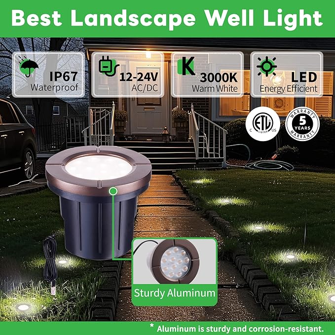 Landscape Well Light Kit, 8 Pack LED Low Voltage In Ground Lights and 100W Transformer and 100FT Cable and 30 Wire | Lumora