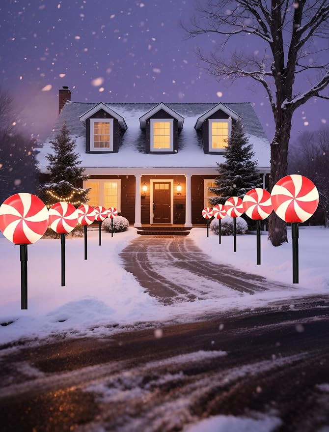 Set of 5 Peppermint Christmas Pathway Lights, Enchanting Outdoor Candy Cane Decorations for Yard, Bright C7 LED | Lumora