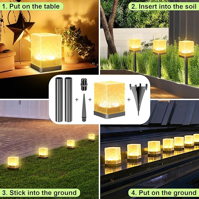 Solar Garden Lights Outdoor, Waterproof Pathway Light Featuring Crystal-Clear Ice Brick, Multi-use Landscape Decoration Ground Lighting Solar Powered Lawn Lamp (Warm White, 4 Pack)