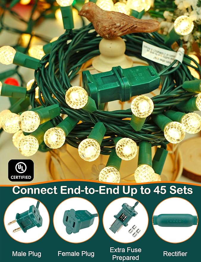 BOHON Warm White Christmas Lights 17FT 50 LED Faceted G15 Globe String Lights Outdoor Plug in Commercial Lighting Grade Tree Decorations for Indoor Xmas Decor, Green Wire, Waterproof