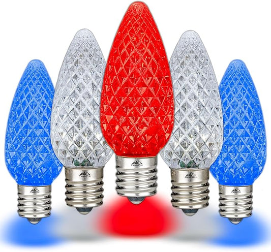 Novelty Lights 25PK C9 LED Faceted Ultra Bright Dimmable Outdoor Christmas Light USA Replacement LED Bulbs String Light (Red/Pure White/Blue)