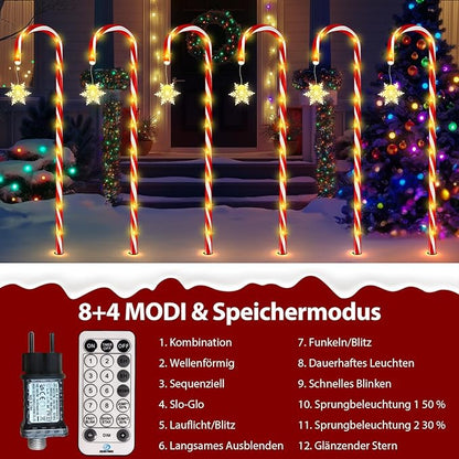 HELESIN Light Chain Candy Cane, 10 Pieces Raised Design Candy Sticks LED Outdoor, 110LED 12 Modes Candy Sticks Lighted, Waterproof Snowflake Christmas Lighting for Garden Christmas Decor