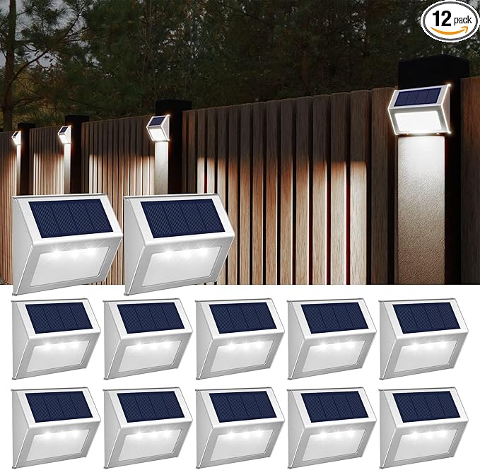 JSOT Solar Fence Lights - 12 Pack Solar Outdoor Light Deck Lights Waterproof Outside Lighting for Garden Backyard Patio Yard Stair Step Wall Railing Post, Cool Light