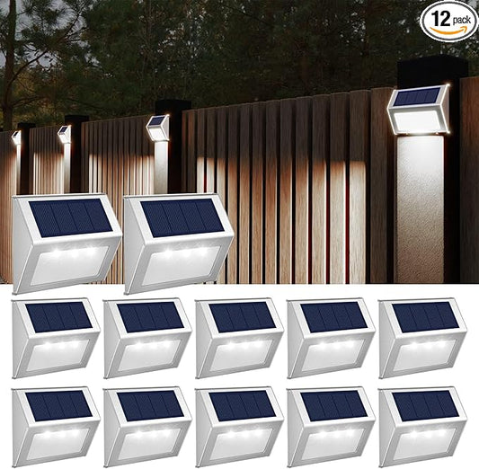 JSOT Solar Fence Lights - 12 Pack Solar Outdoor Light Deck Lights Waterproof Outside Lighting for Garden Backyard Patio Yard Stair Step Wall Railing Post, Cool Light