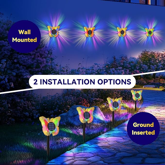 Solar Butterfly Lights Outdoor-Color-Changing 3D Glow-2-in-1 Wall & Ground-Butterfly Lights for Outside-Waterproof Garden Decorations for Patio Lawn Yard Fence Backyard Decor (6 Pack)