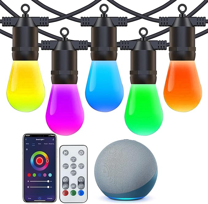Smart Outdoor String Lights for Patio & Backyard | LED Color Changing Dimmable Bulbs | Waterproof & Shatterproof Design | Remote & App Control | Alexa Compatible | 15 Bulbs | 50ft | Pack of 2