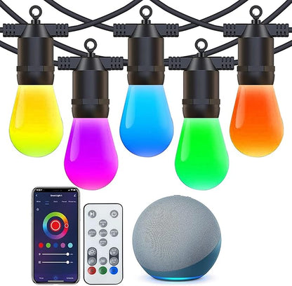 Smart Outdoor String Lights for Patio & Backyard | LED Color Changing Dimmable Bulbs | Waterproof & Shatterproof Design | Remote & App Control | Alexa Compatible | 15 Bulbs | 50ft | Pack of 2