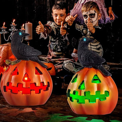 HUYIENO Solar Halloween Pumpkin Decoration with Crow Solar Powered Garden Lights Color Changing LED Halloween Yard Lawn Party Outdoor Decorations