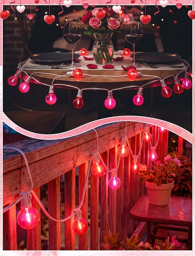 G40 LED Valentine’s Day String Lights, 50Ft Valentines Decorations Lights Outdoor with Clear Red Pink Round Bulbs, Hanging Patio Lights Shatterproof for Indoor Home Decor Wedding Party, White Wire