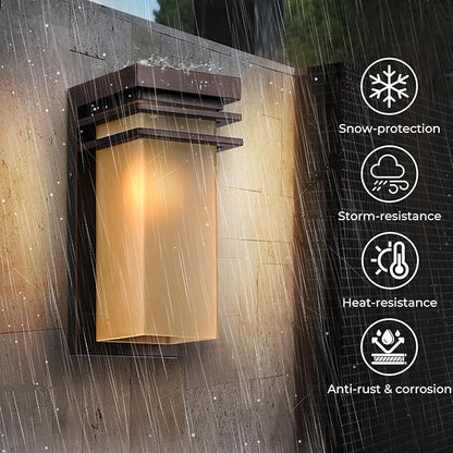 Outdoor Wall Lights Set of 2, Front Porch Sconce Lighting Wall Mount, Exterior Wall Lamps with Antique Amber Glass for House, Patio Light Fixture, Commercial Use, E26 Base