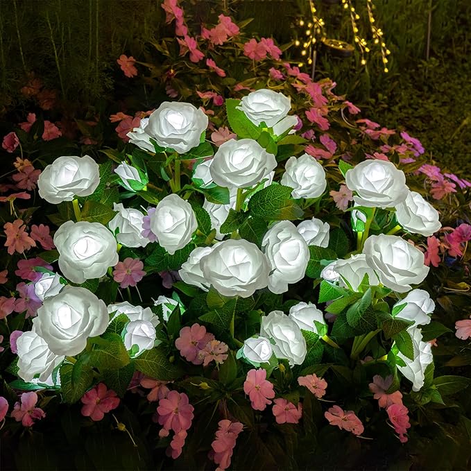 Solar Garden Lights Outdoor: 10 Waterpoof Artificial Rose Flower 2 Pack - White LED Landscape Lighting Fairy Decorations for Outside Yard Patio Lawn Jardin - Christmas Gifts for Mom Grandma