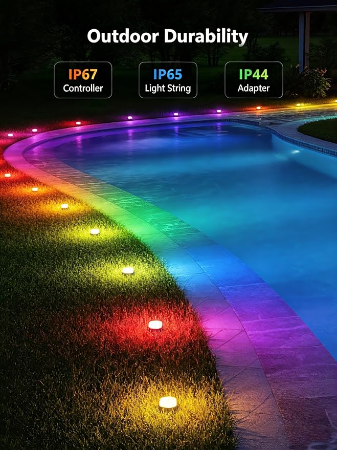 Brizled Smart RGBCW Color Changing Outdoor Ground Lights, 50FT 130LM 15 Pack Red White Blue LED Pathway Lights, App/Voice Control Landscape Lighting for Independence Day Christmas Garden Yard Walkway