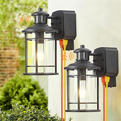 OKELI Patio Wall Light Fixture with Dual GFCI Outlets, Outdoor Light with Outlet, Motion Sensor Dusk-to-Dawn, Vintage Industrial Black Lantern, for Porch Patio Garage (2 Pack)