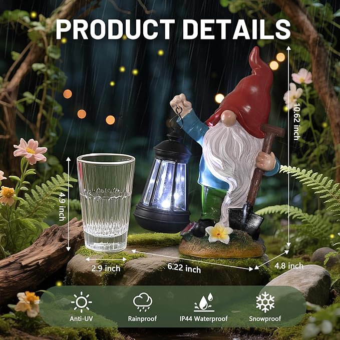 Gnome Garden Decor Statue with Lantern, Solar Gnomes Outdoor Decorations with LED Lights, Lawn Decor Yard Ornament for Patio Balcony, Valentine's Day Birthday Gift for Mom Grandma
