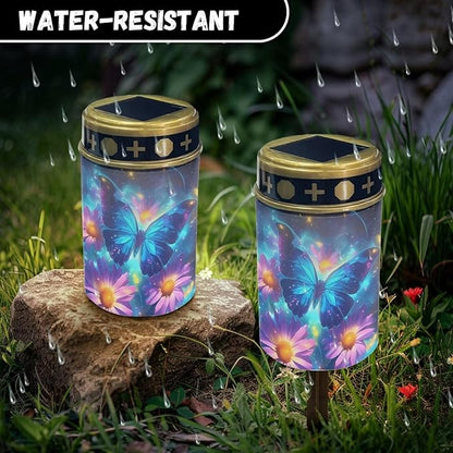 Solar Lights Outdoor Garden, Blue Butterfly Pink Flower Waterproof Solar Powered Stake Lights,Gifts for Grave Dad Grandma Garden Yard Gravesite Decorations
