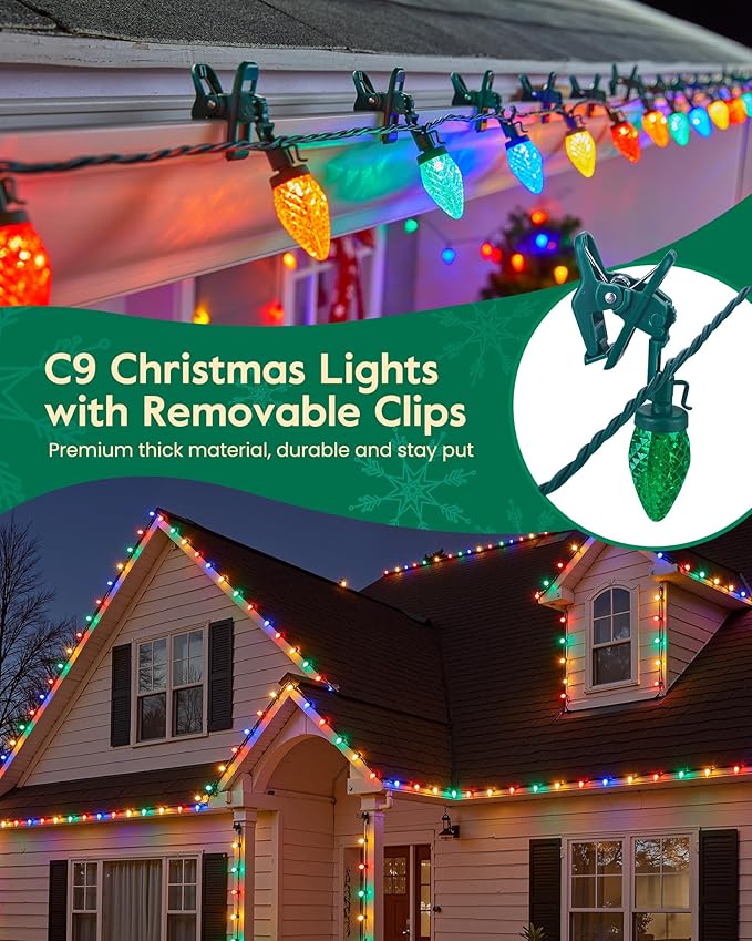 C9 Christmas Lights Outdoor with 00 Spring Clips, 65FT 100 LED C9 String Lights Waterproof Connectable for Roofline Patio House Yard Windows Indoor Outdoor Christmas Decorations, Multicolor 2 Pack