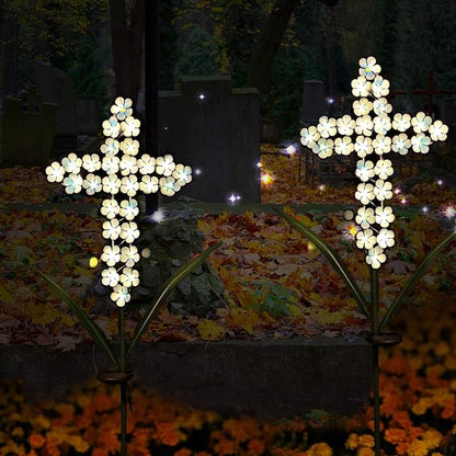 Solar Cross Garden Stake Outdoor Lights, 40 Inch Solar Powered Cross Lights Stake with 24 LED Decorative Flower Lights for Remembrance Gifts